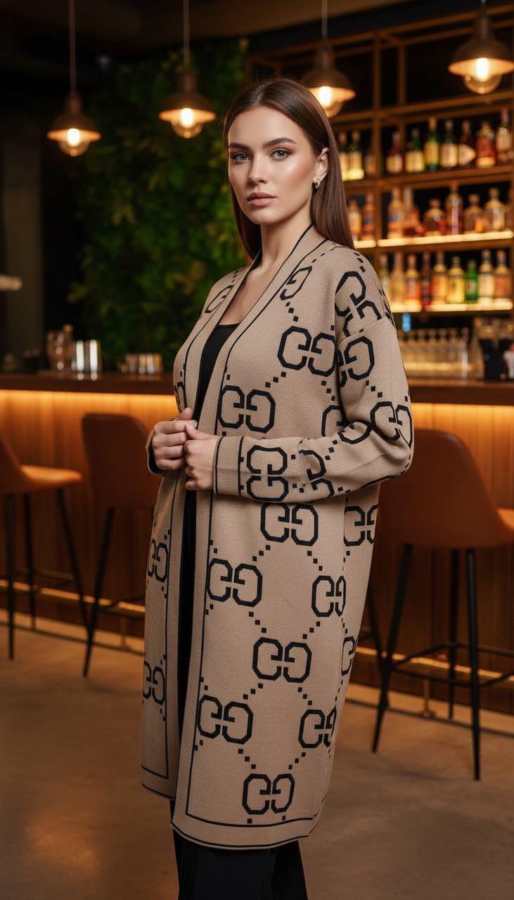 Gucci GG Logo Knit Cardigan Coat Beige