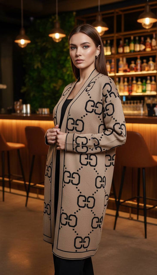 Gucci GG Logo Knit Cardigan Coat Beige