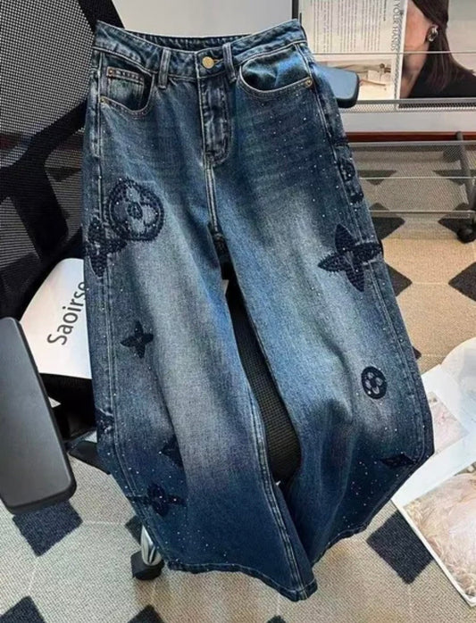 Louis Vuitton Monogram Printed Wide Leg Denim Jeans