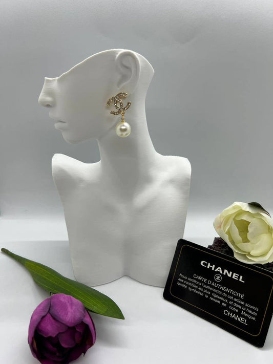 Chanel Inspired Pearl Drop CC Earrings Gold