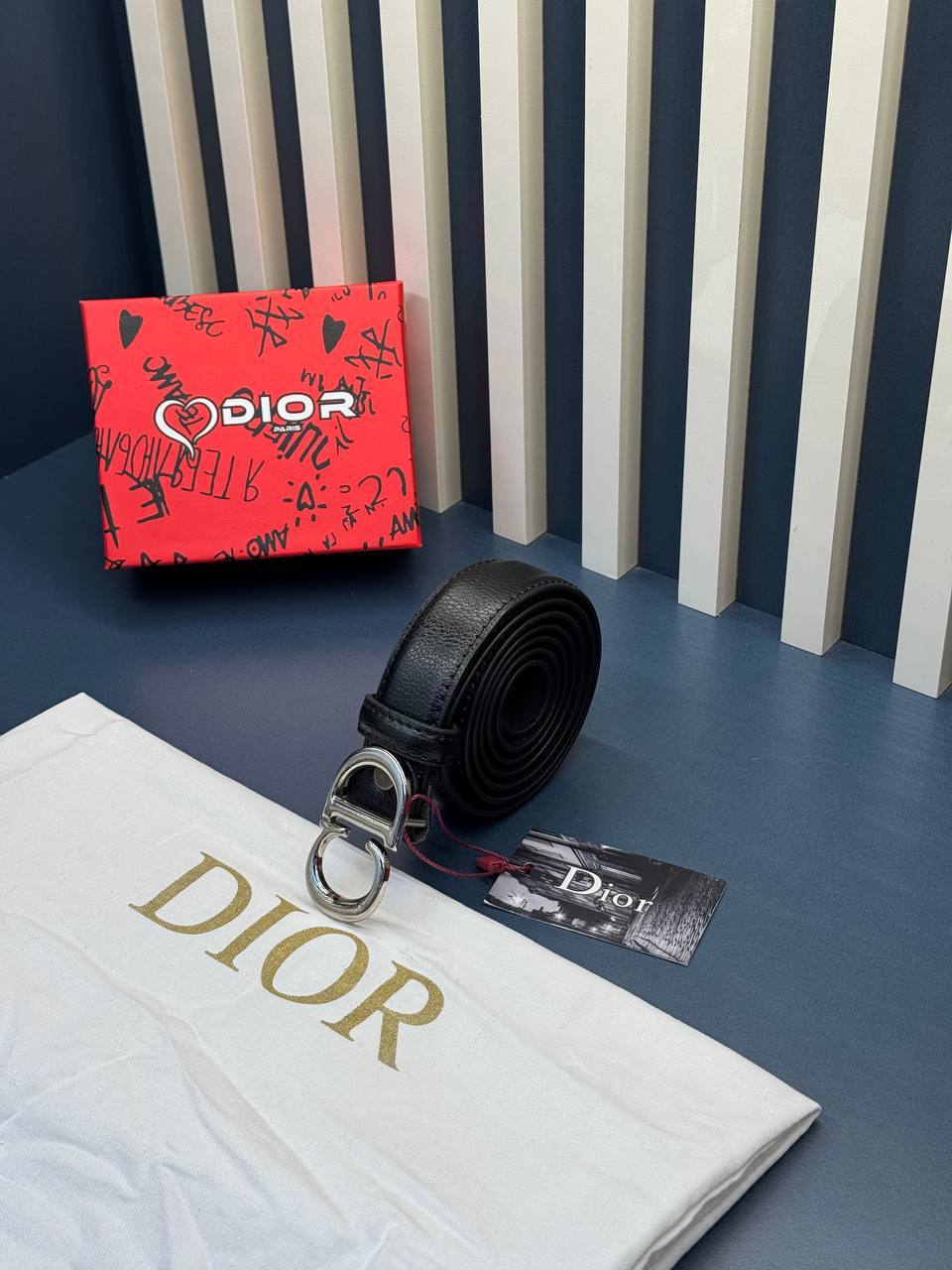 Christian Dior Ζώνη Μαύρη Δερμάτινη με Ασημί Αγκράφα