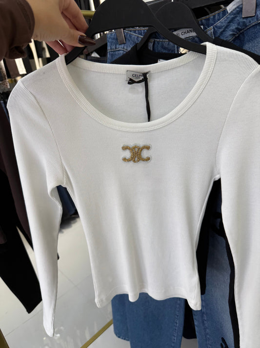 CELINE Triomphe Beige Long Sleeve Top