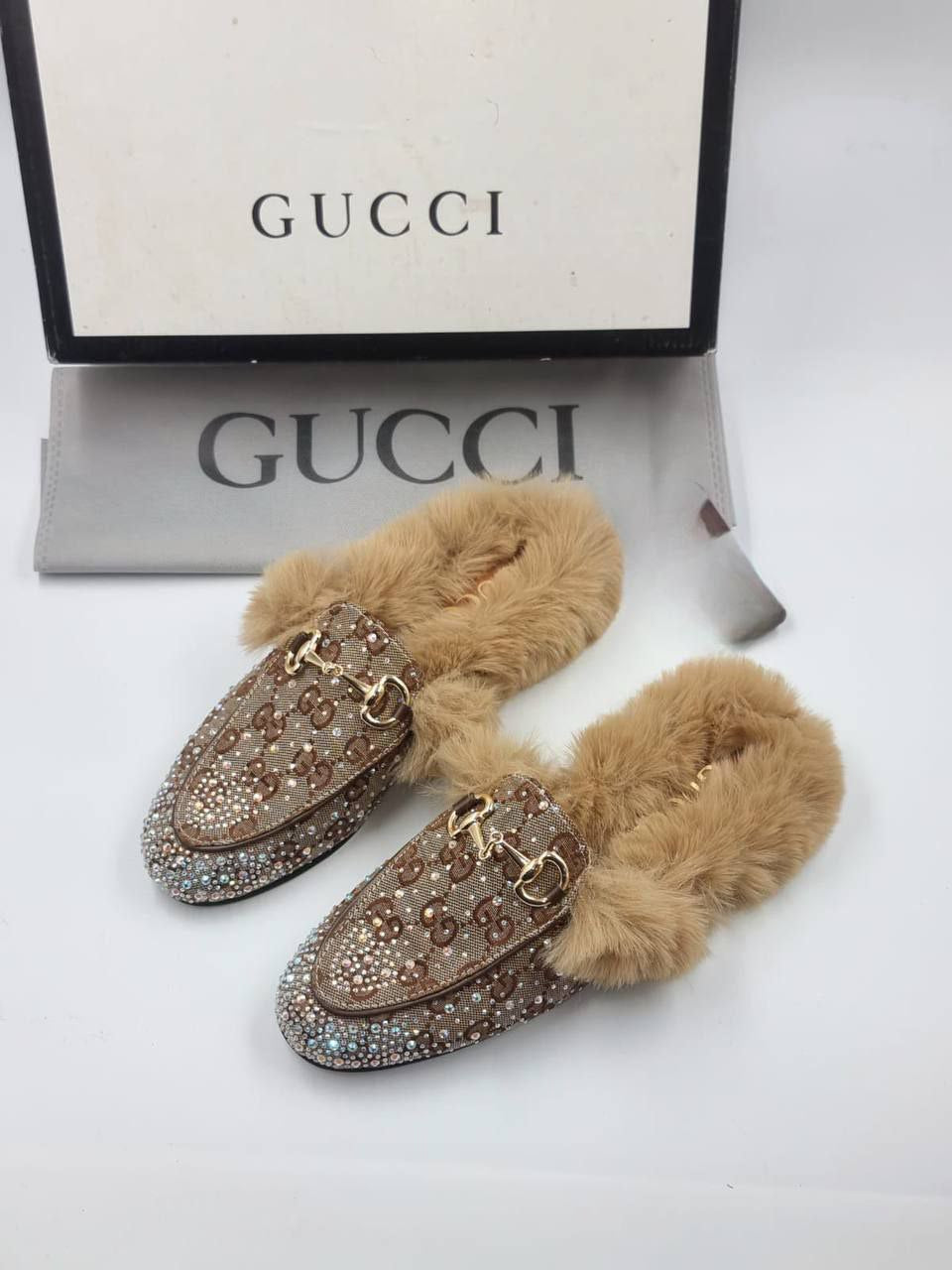 Gucci Princetown Crystal Fur Slippers