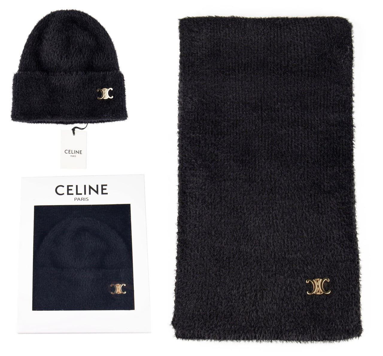 CELINE Triomphe Beanie & Scarf Set Black