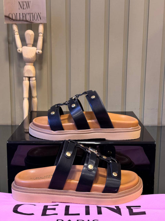 CELINE Leather Slide Sandals Black