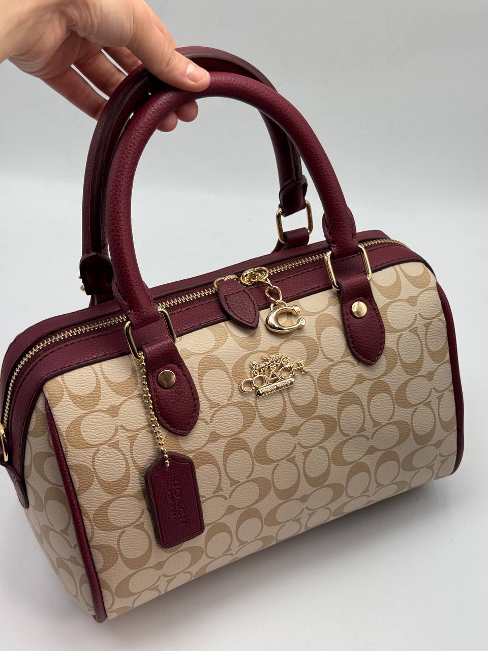Coach Signature Satchel Bag Beige Burgundy