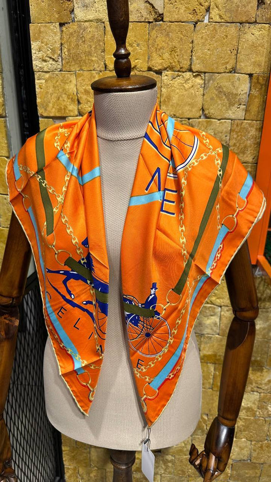CELINE Triomphe Orange Silk Scarf