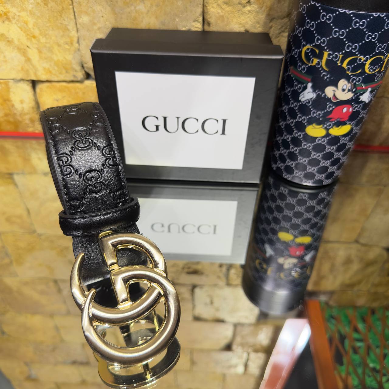 Gucci GG Embossed Black Leather Belt