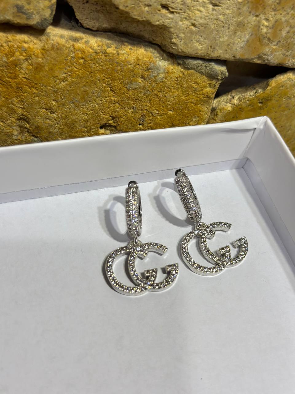 Gucci GG Crystal Drop Earrings Silver