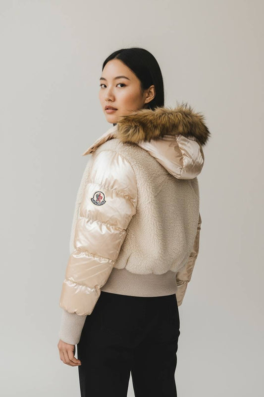 Moncler Fur Hood Down Jacket Beige