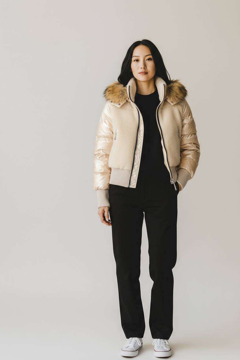 Moncler Fur Hood Down Jacket Beige