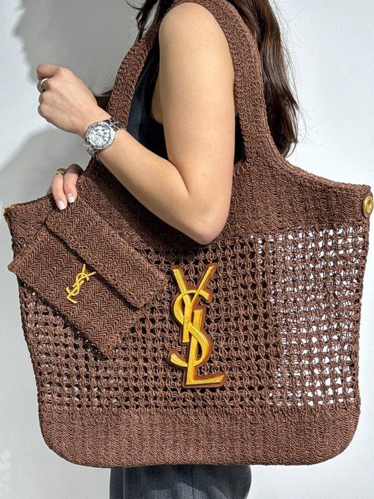 Saint Laurent YSL Raffia Tote Bag Brown