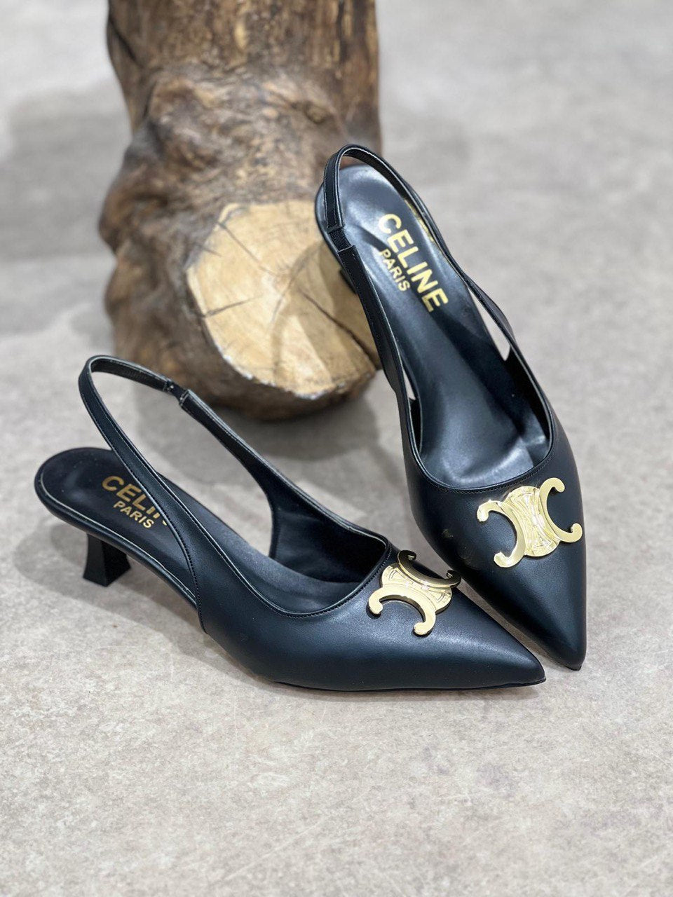 CELINE Triomphe Slingback Pumps Black Gold