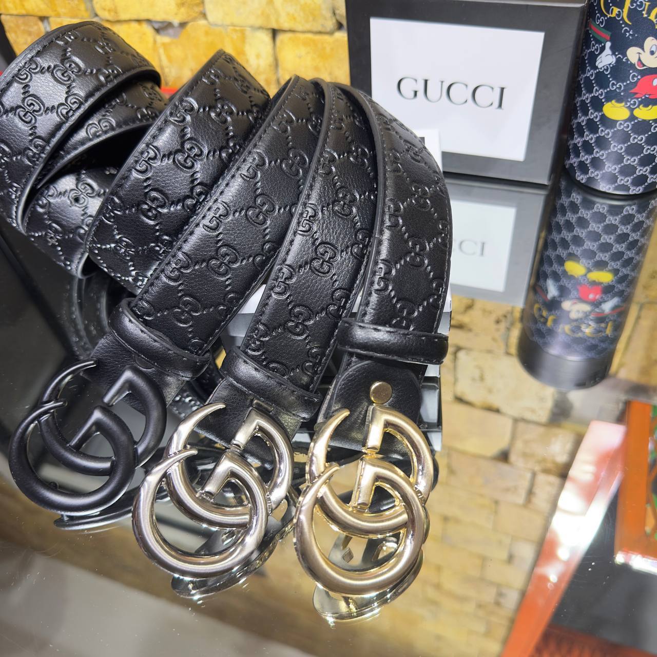 Gucci GG Embossed Black Leather Belt
