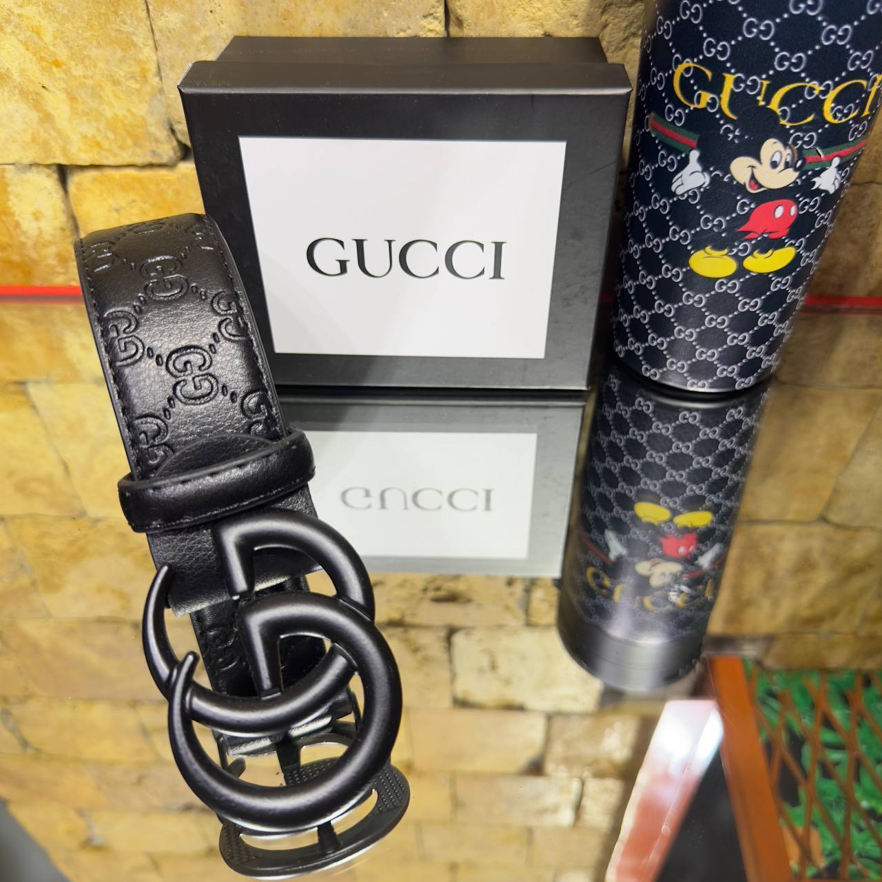 Gucci GG Embossed Black Leather Belt