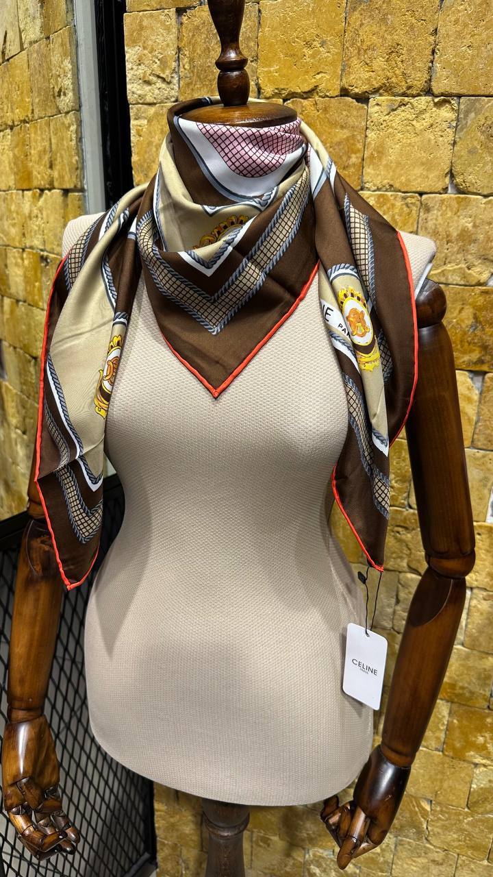 CELINE Triomphe Brown Silk Scarf
