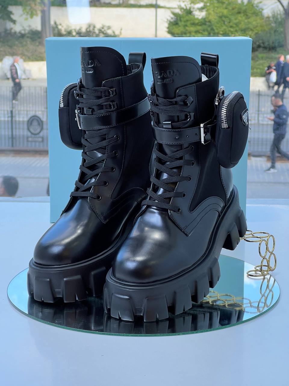 Prada Monolith Leather Boots with Re-Nylon Pouch