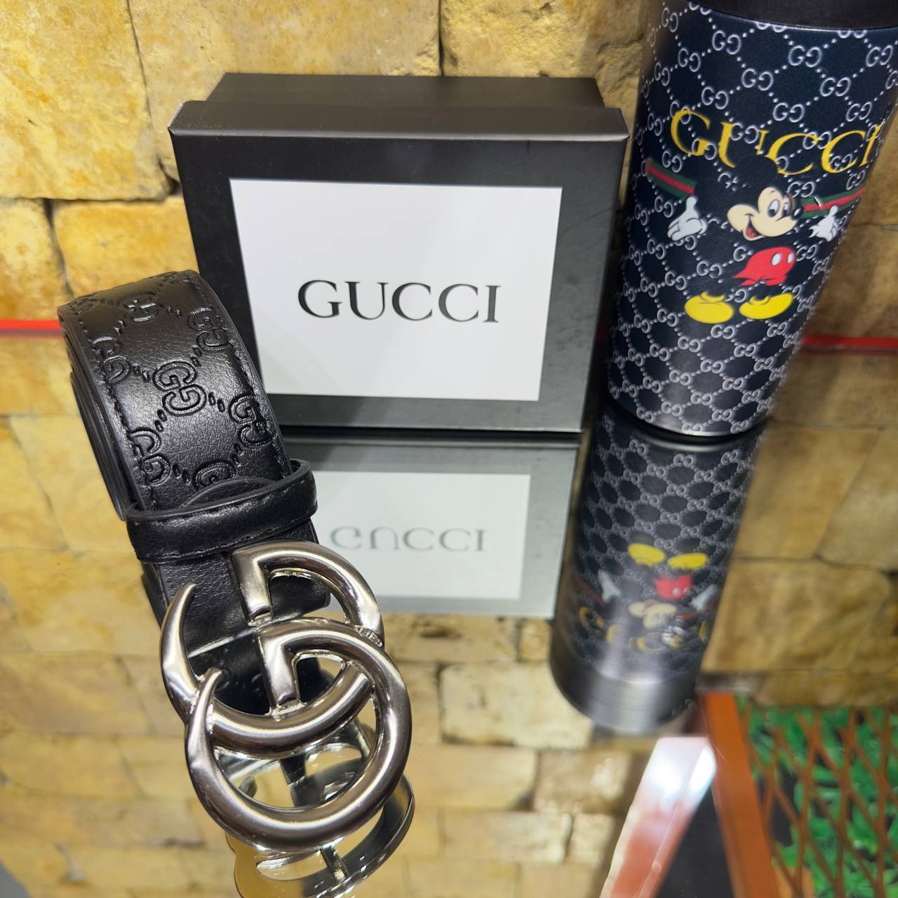 Gucci GG Embossed Black Leather Belt