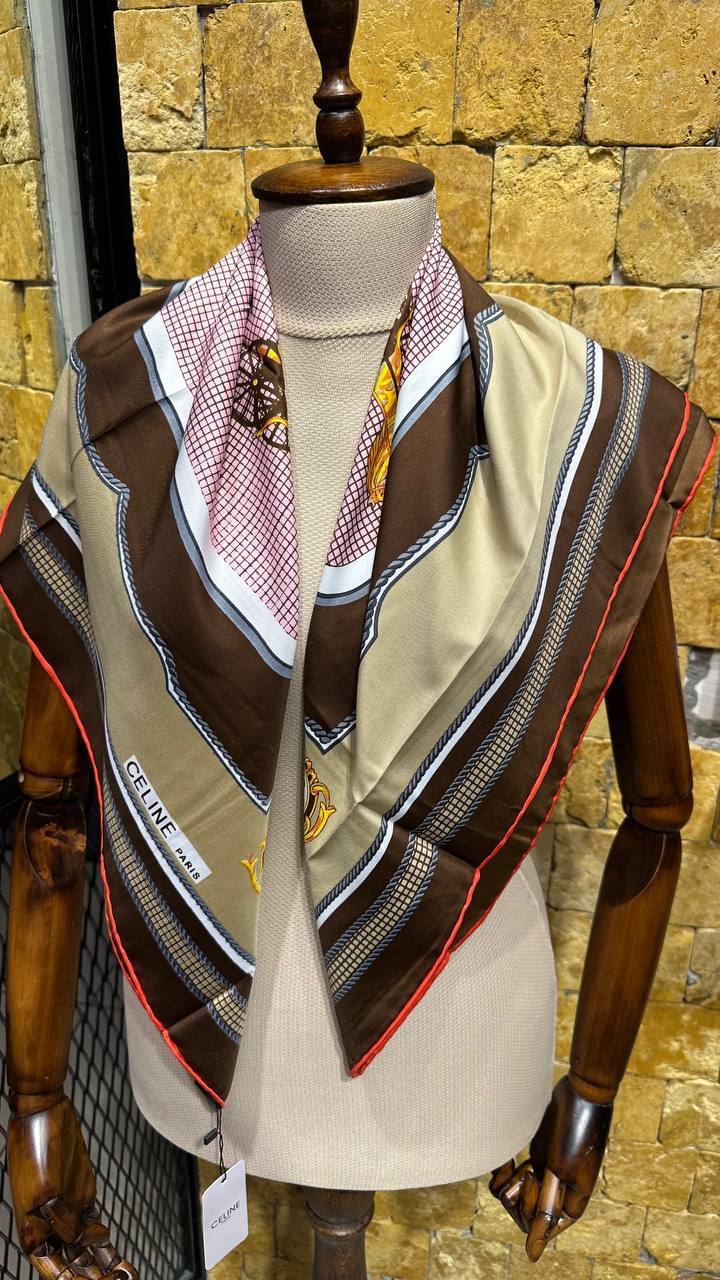 CELINE Triomphe Brown Silk Scarf