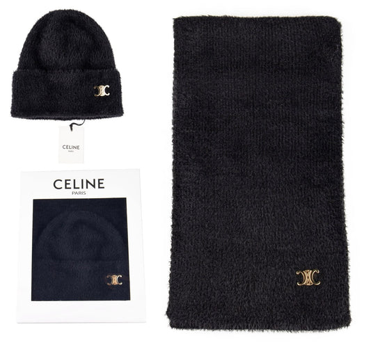 CELINE Triomphe Beanie & Scarf Set Black