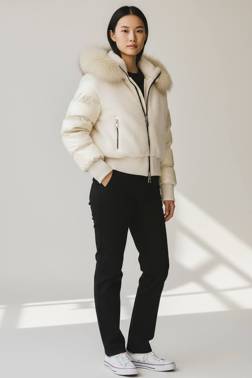 Moncler Fur Hood Down Jacket Beige